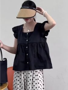 French Style Summer Design Fashion Womens Sleeveless Top Square Collar Loose Fit Short Doll Top for Petite Size