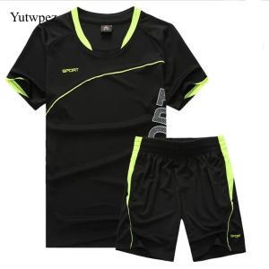 Mens Fitness Tracksuit Set Summer Casual Sporting Male Quick-Drying Short-Sleeved Tops+Shorts Sweatsuit 2 Piece Set Track Suit
