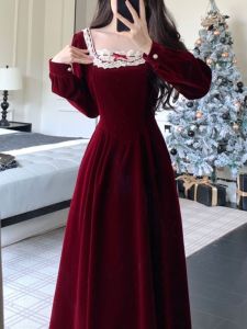 Plus Size French Gold Style New Year Shirt Dress Lace Jacquard Dress Fall and Winter Chubby Girl Slim Looking Christmas Dress