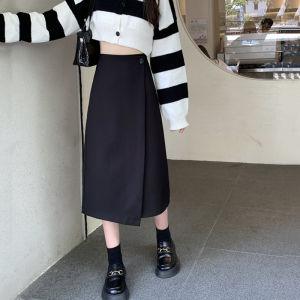 High Waist Asymmetrical Black Mini Midi Skirt Womens Spring Summer Slimming A-Line Skirt with Slit Cover Belly Korean Style