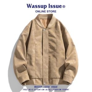 WASSUP ISSUE American Washed PU Leather Jacket Mens Loose Fit Baseball Style Autumn Winter Coat Flight Leather Jacket