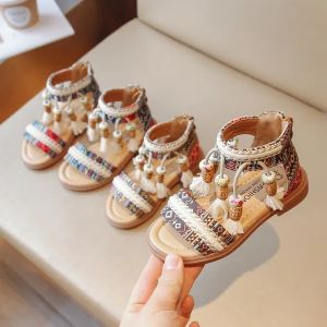 SHUNAICHI Bohemian Fringe Sandals for Girls Retro Ethnic Style Summer Shoes Geometric Yarn Dyed Pattern Ancient Tradition Shoe Kids G04071