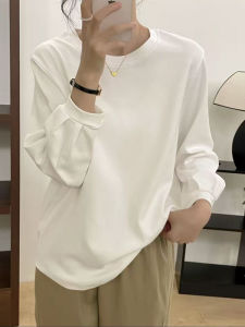 White Pure Cotton Lantern Sleeve Long Sleeve T-Shirt Womens Spring Autumn Loose Slimming Fashion Pleated Base Shirt