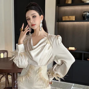 Spring Fashion Slim Fit High Waist Wide Leg Long Sleeve Small Flounce Collar Top And Bottom Set Youthful Style Casual Wear