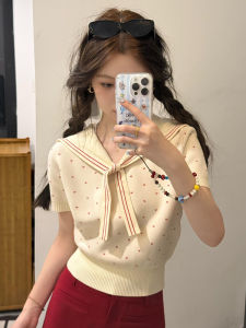 BINKAFENNY | Sweet Summer Ice Silk Short Sleeve T-Shirt Womens Navy Collar College Style Polka Dot Top Fashionable Age-Defying Design