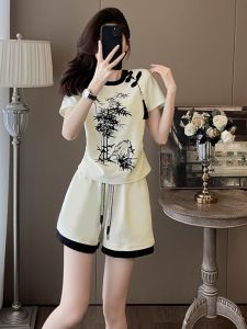 Morning Breeze Elegant Casual Sports Set Women Summer 2024 New Chinese Style Button Short Sleeve T-Shirt Two-Piece Cotton Suit