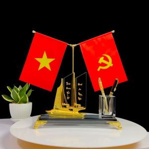 Hộp Đựng Bút Doanh Nhân Thuyền Thuận Buồm Xuôi Gió Hiện Đại 2 Cờ Chất Liệu Đồng Mạ Vàng và Pha Lê K9 Hộp Bút Để Bàn