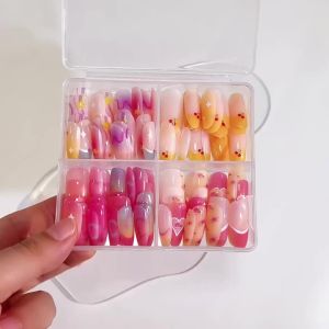 120Pcs Almond Shape Press-On Nails Gradient Pink&Yellow with Star Heart Patterns Short Fake Nails for Daily & Party Manicure  TD