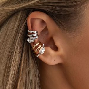 KunJoe Fashion Rhinestone Multi-layer Clip Earring for Women Creative Simple C Ear Cuff Non-Piercing Ear Clip Set Trendy Jewelry