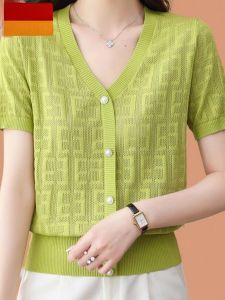 Summer 2024 Womens Ice Silk Hollow out Short Sleeve T-Shirt Thin Loose Fashionable Top Korean Style Casual Commute Classic