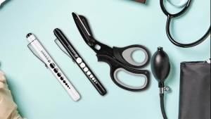 MEUUT 3 Pack Scissors Penlights for Nurse Kits- Two Pen lights with Four Batteries One 8" Trauma shears Bandage Scissors for First Aid EMT