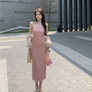 VKSOD | Sweet Pink Lace Halter Dress Womens Summer 2025 Sun Protection Two-Piece Set Long Sleeve Round Neck Other 100% Material