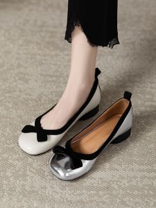 Giày Bốt Đế Phẳng Kiểu Pháp Bằng Da Thật Cho Nữ Mùa Xuân Hè Mới Ra Mắt Mũi Tròn Giày Đơn Cổ Thấp Giày Đơn Thời Trang