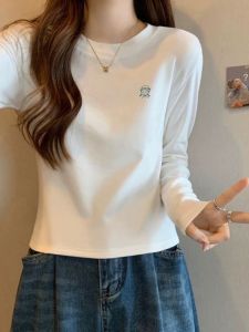 White Pure Cotton Long Sleeve Short Womens T-shirt Slim Fit Fashionable Base Layer Shirt Korean Style Commute Geometry Pattern