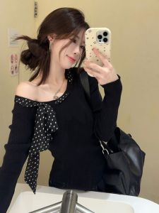เสื้อชั้นในถักลายจุดผูกโบว์ผีเสื้อไหล่ข้างเดียวสำหรับผู้หญิง เสื้อชั้นในถักสไตล์เกาหลี แขนยาว ปกติ ฤดูใบไม้ร่วง/ฤดูหนาว