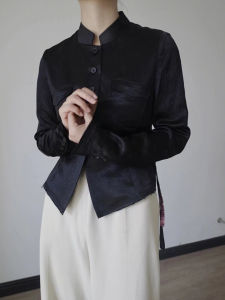 New Chinese Style Black Printed Suit Jacket Womens Design Slim Fit Stand Collar Waist Cinched Trendy Open Cardigan Top