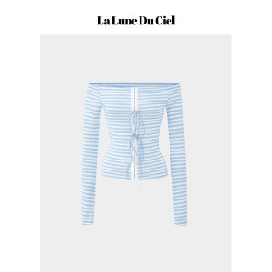La Lune Du Ciel Womens Slim Fit Long Sleeve T-shirt One Shoulder Sun Protection Base Shirt Striped Commute Style Korean Version