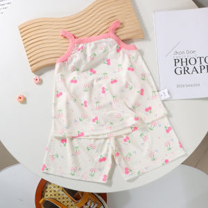 Kids Ice Silk Vest Shorts Girl Outing Casual Overall Dress Set Baby Homewear Baby Thin Air Conditioning Room Clothes