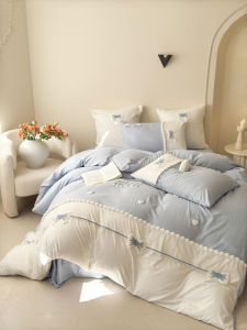 Princess Style Bedding Set Soft Towel Embroidery Butterfly Knot Four Piece Bedding Sheet Cover Dust Ruffle Polyester Fabric