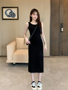 Black Strapless Vest Dress Womens Summer Sleeveless Waist-Cinching Slimming Little Black Dress Commute Simple Style Cotton Blend