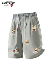 CHARLES JANGS HAPPY HEART | Retro Washed Dog Print Leisure Denim Shorts 5/8