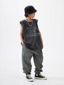 ROCKYROAD เด็ก Hip Hop Dance Performance ชุดผ้าฝ้ายหลวมเสื้อกั๊กเปลือยและกางเกงขากว้างสําหรับชายและหญิง