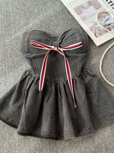 Classic Style Denim Sling Vest with Chest Pad Female Summer Pure Desire off-Neck off-the-Shoulder Short Tube Top Puffy Tops