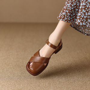 French Retro Brown Sandals for Women Summer Mid-High Heel Coarse Heel Soft Sole Vacuum Design Large Size 41-43
