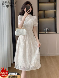 New Chinese Style Lace Dress Short Sleeve Renovated Cheongsam Gown High Waist Bubble Sleeve Long Skirt Korean Version Summer 2025
