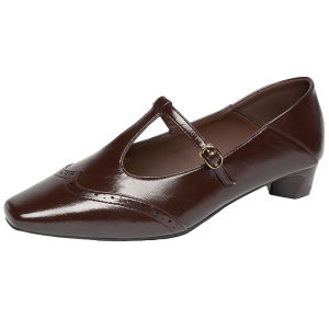 Josiny | New Vintage French Style Mary Jane Shoes with Brogue and Low Cut Design Coarse Heel