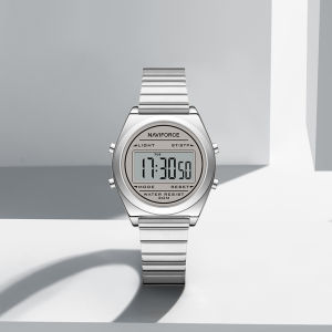 NAVIFORCE Original Women Ladiy Outdoor Digital Watch Stainless Steel Strap Waterproof 3ATM Calendar Date Chronograph Round Dial Night Pattern Lady Girl Casual Fashion Accessories Watch NF5066