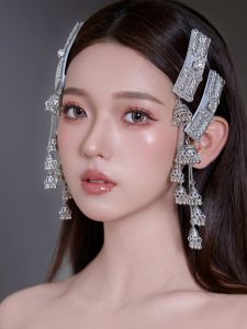 Silver Ethnic Headwear Bell Tassel Chinese Style Luxury Hair Accessories for Brides Wedding Dresses Diamond Edge Clips