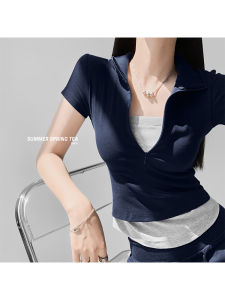 Summer Spring Tea American Style Short Sleeve T-Shirt Womens Slim Fit Short Length Fake Two-Piece Top Sweet And Spicy Style