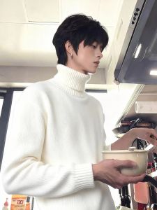 ZHUOCAN | Thickened and Fleece-lined White Mens Turtleneck Sweater Long Sleeve