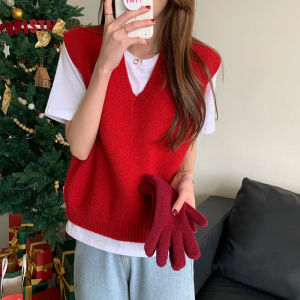 Christmas Red Sleeveless Knitted Sweater Vest Womens Autumn Winter V-neck College Style Outerwear Fashion Commute Pure Color