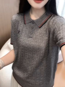 UYFY | Áo thun dệt kim cổ polo tay ngắn màu xám thường ngày đa năng cho nữ mùa thu 2025 phong cách mới giảm tuổi tác thanh lịch
