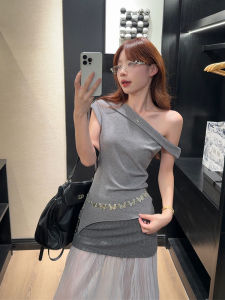 Gray Asymmetrical Shoulder T-Shirt Mesh Splicing High Waist Skirt Fashionable Set Korean Style Slim Fit Short Sleeve Top
