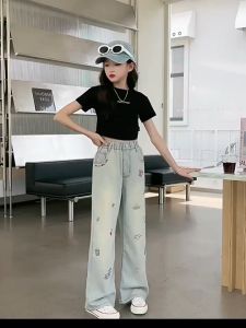 New Jeans for Kids Girls Pants for Kids Girls Wide Leg Pants High Waisted Loose and Breathable Cotton 130-160cm