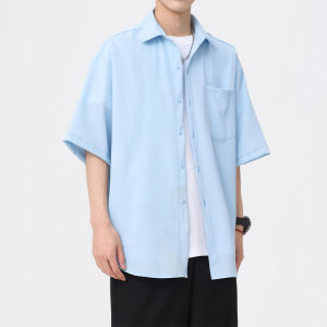 White Ice Silk Short Sleeve Shirt Mens Summer Thin Draping Effect Half Sleeve Shirt Handsome Fancy Jacket