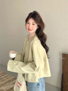 Green round Neck Simple Leather Jacket Womens Loose Short Style Casual Top Fashionable Autumn New Arrival Premium Feeling