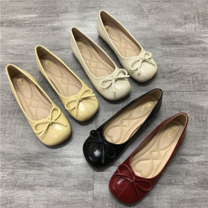 รองเท้าส้นแบนผูกโบว์ลายผีเสื้อสไตล์เกาหลีสำหรับผู้หญิง รองเท้าสวมหุ้มข้อแบบลำลอง หนัง PU ทรงหัวเหลี่ยม ส้นแบน ทรงหัวเหลี่ยม