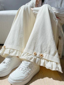 Large Size Mens Casual Cotton Wide Leg Pants Wood Ear Trim Washed Straight Cut Loose Fit Long Trousers for Autumn Winter