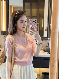 PEIXI | Korean Aesthetic Pink Short Sleeve Knitted Top Ice Silk