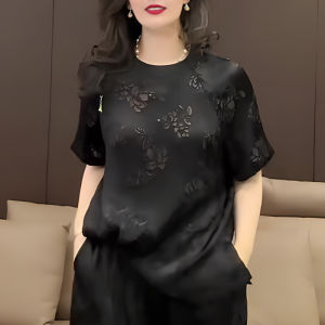 Black round Neck Short Sleeve T-Shirt Womens Summer New Lightweight Luxury Hollow Print plus Size Versatile Top Trendy