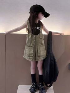 Dopamine Girls Cotton Overalls Set Sweet And Salty Style Summer New Versatile Pure Cotton Strap Shorts Two-Piece Set for Kids