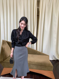 Elegant Black Silk Satin Shirt Womens V-neck Design Unique Style Professional Top OL Commute Straight Tube Long Sleeve Polyester Blouse