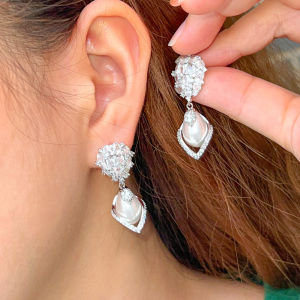 SEQUITO Korean Fashion Wedding Bridal Long Pearl Drop Dangle White Gold Plated Earrings Pave Setting Sparkling AAAAA Cubic Zirconia Brides Clothing Accessories SE770