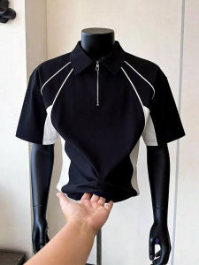 LIUBU | American Style Contrast Zipper Polo Shirt Short Sleeve