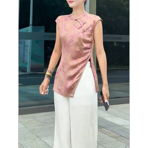 QINGNAER | Chinese Style Fit Slim Short Sleeve Slit Design Women Shirt