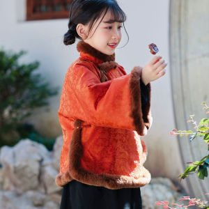 Childrens Cheongsam New Year Clothes Real Otter Rabbit Fur Winter Fashion Girls Festive Outfits Traditional Chinese Clothing